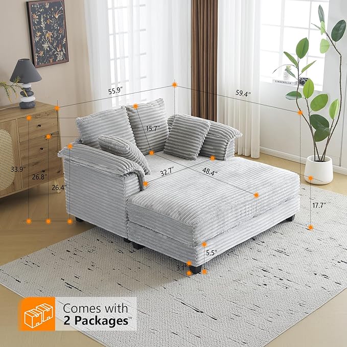 VINGLI 56" Oversized Chaise Lounge Chair, Light Grey Comfy Corduroy Chaise Sofa Recliner Bed Upholstered Sleeper Couch Bed with Throw Pillows and Armrests for Living Room, Movie Room, Bedroom VINGLI