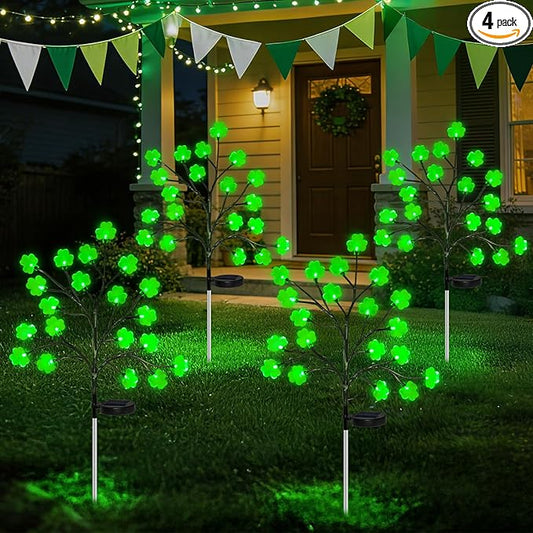 4 Pack St Patricks Day Solar Outdoor Lights, 80 LED St Patricks Day Decorations, Solar Shamrock Stakes Lights with 8 Modes, Waterproof Lucky Green Clover Pathway Light for Yard Garden Lawn Decor HELESIN
