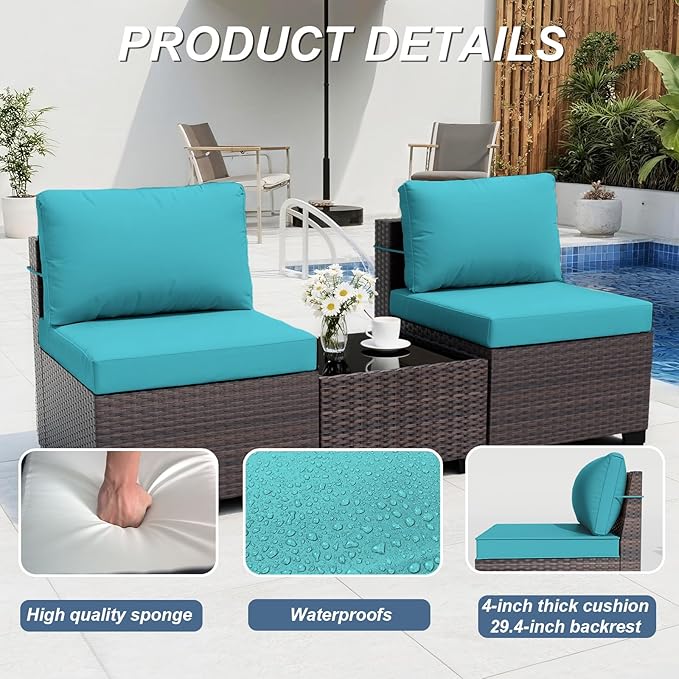 ALAULM Patio Furniture Set with Coffee Table, 14 Pieces Outdoor Sectional with Wide Seat and Thick Cushion, All Weather Wicker Rattan Conversation Set for Backyard, Garden, Deck, Turquoise ALAULM