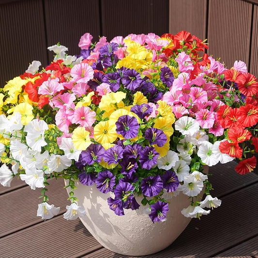 Artificial Flowers for Outdoors, UV Resistant Fake Silk Morning Glory, Realistic Faux Plants for Outside Porch Patio Window Box Hanging Planter (12, Purple White Yellow Pink Red) maxkes