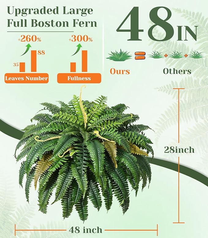 MARTINE MALL 48 inch Fake Ferns Artificial Ferns for Outdoors Look Real, 88 Branches Large Faux Boston Fern for Outdoor Planter Realistic UV Resistant Hanging Artificial Fake Plants for Porch Patio MARTINEMALL