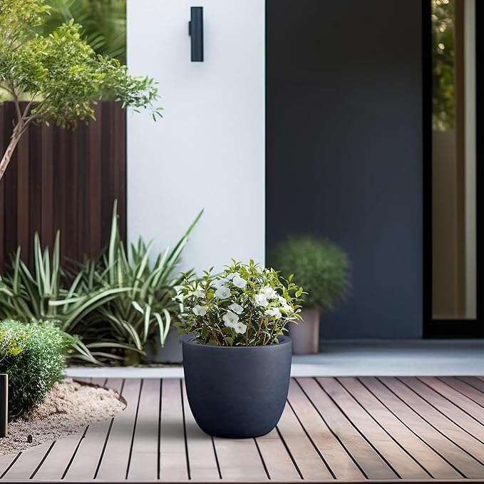 Kante 14 Inch Dia Round Concrete Planter, Indoor Outdoor Large Plant Pot with Drainage Hole and Rubber Plug for Home Patio Garden, Charcoal Kante