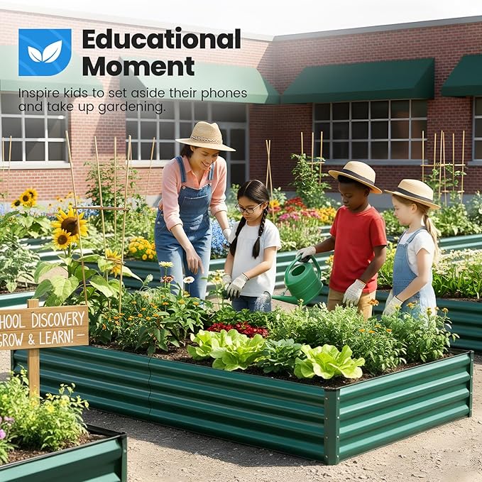 Quictent Galvanized Raised Garden Bed 8x4x1 Ft Metal Planter Box for Vegetables Bottomless for Backyard, 2 Tomato Cages Included, Green 2PCS QUICTENT