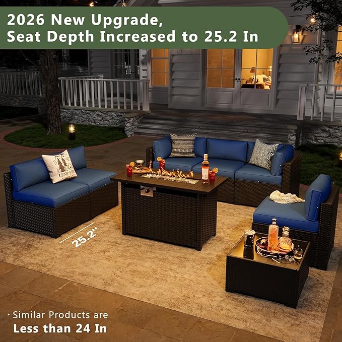Aoxun 8 Piece Patio Furniture Set with 44” Fire Pit Table, Wicker Rattan Patio Sectional Sofa, Outdoor Furniture Set with Thickened Cushion, Blue Aoxun