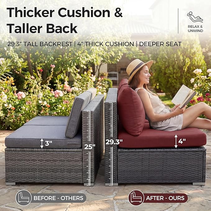 NICESOUL 9 Piece Large Patio Furniture Set with Fire Pit Table Propane/Natural Gas, 29.3'' High Back Wicker Outdoor Sectional Sofas, Wide Conversations for Heavy Weight, 2 Color Cushions Wine & Gray NICESOUL