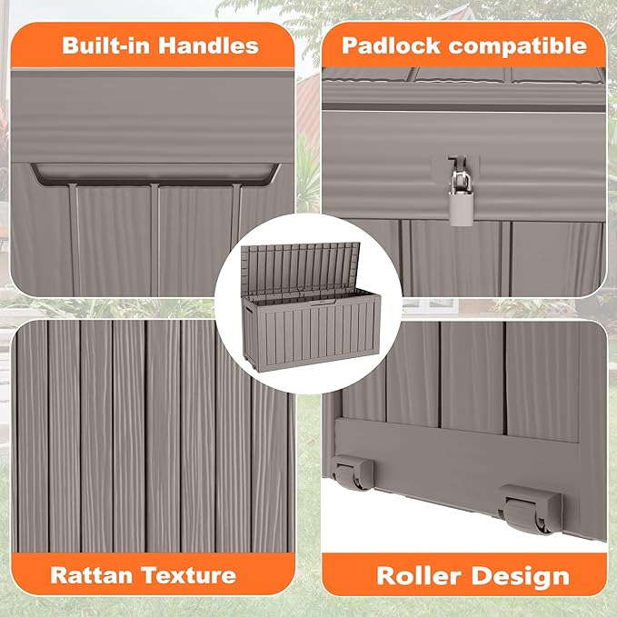 75 Gallon Resin Deck Box, Lockable Patio Outdoor Storage Box for Furniture, Garden Tools and Tools Storage, Waterproof Outside Storage Boxes - Grey OutdoorLivingPerfected