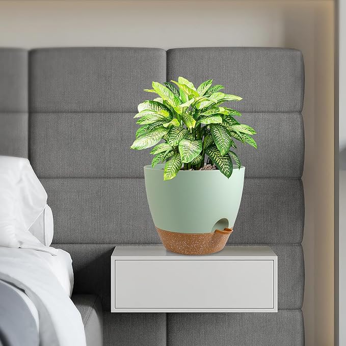 12 inch Large Self Watering Pots, Flower Plant Pots with Drainage Holes for Indoor Outdoor Garden Plants, Plastic Planters with Removable Deep Reservoir, Green with Brown WSMKSZ