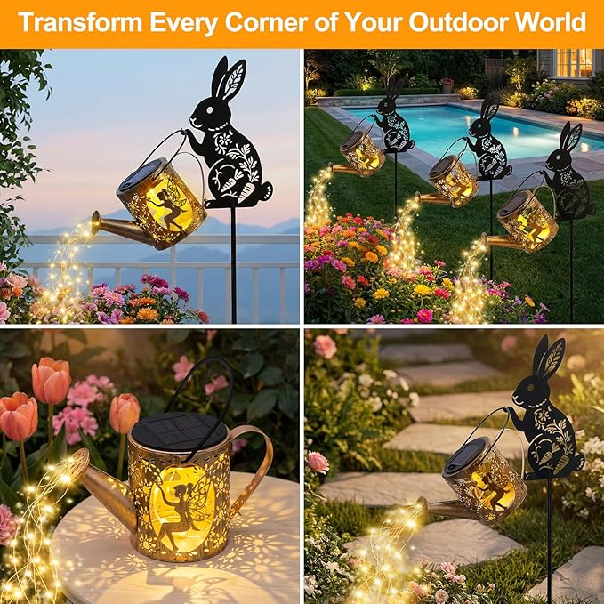 Solar Watering Can Light with Bunny Silhouette Stake & Fairy Design - Cascading LED String Light for Garden Yard Patio Decor, IP65 Waterproof Outdoor Gift for Mom, Women, Birthday, Housewarming Tremdwoto