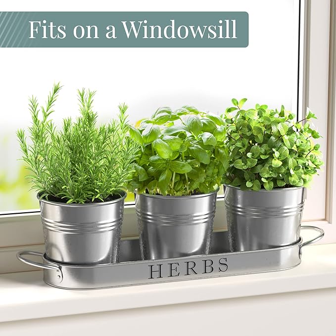 Barnyard Designs Indoor Herb Garden Planter Set with Tray, Metal Windowsill Plant Pots with Drainage for Outdoor or Indoor Plants, Set/3 (Galvanized) BarnyardDesigns
