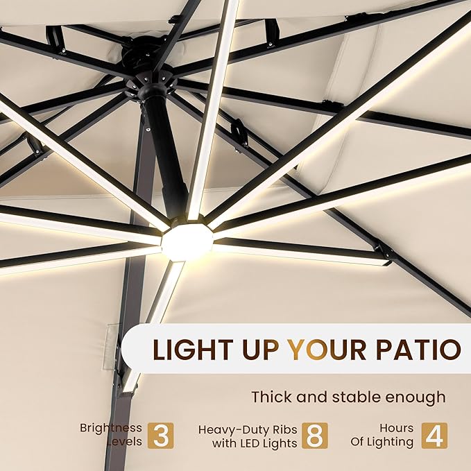 10 X 13 FT Cantilever Patio Umbrella with LED Lights Outdoor Heavy Duty Double Top Windproof Rectangle Offset Umbrellas with 360-degree Rotation for Pool Deck Backyard, Beige Ombrellon
