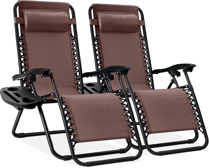 Best Choice Products Set of 2 Adjustable Steel Mesh Zero Gravity Lounge Chair Recliners w/Pillows and Cup Holder Trays - Brown BestChoiceProducts