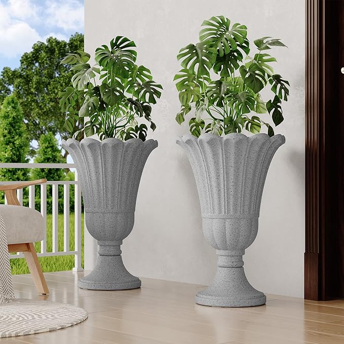 23" Tall Planters for Outdoor Plants Set of 2, Planter with Drainage Holes and Petal Design, Large Outdoor Planters for Porch, Garden, Indoor, Grey Rootora