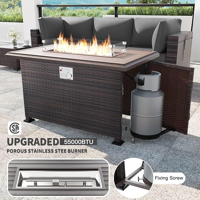 Kullavik 11 Pieces Outdoor Patio Furniture Set,PE Wicker Rattan Sectional Sofa Patio Conversation Sets with 43" 55000BTU Gas Propane Fire Pit Table,Swivel Rocking Chairs Set,Grey KULLAVIK