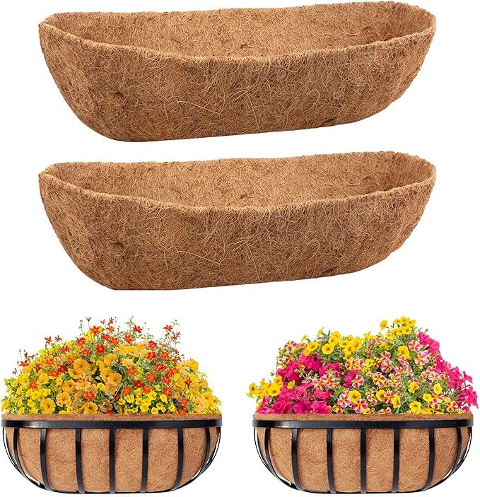 Riare 2 Pack 24 Inch Trough Coco Coir Liners for Planters, Pre-Formed Coconut Coir Replacement Liner Natural Coco Fiber Window Box Liners for Wall Planter, Window Basket Deck Railing Planter Riare