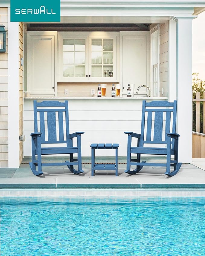 SERWALL Oversized Rocking Chair Outdoor, HDPE Outdoor Rocking Chair, Blue SERWALL