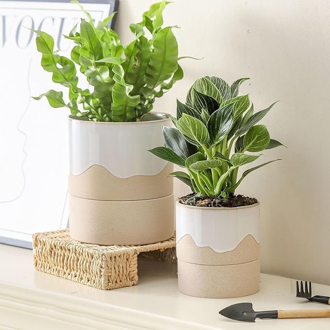 Nihow Self Watering Plant Pot for Indoor Plants: 4.5+6 Inch Ceramic Planter with Drainage Hole & Water Storage Plus - Cylinder Flower Pot with Wick for Herbs -White & Nature Nihow