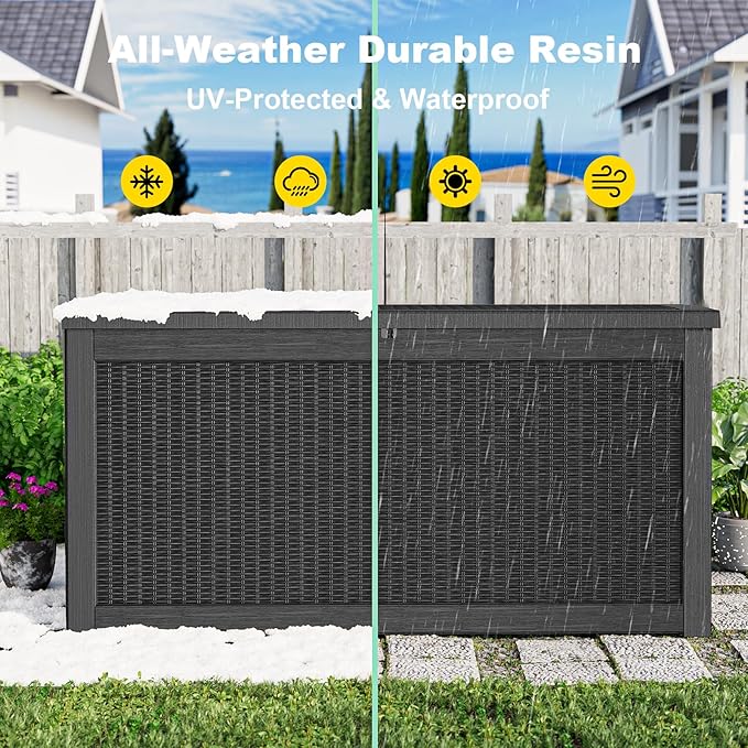 320 Gallon Outdoor Storage Box,Large Waterproof UV Resistant Deck Box,Lockable Storage Container for Patio Furniture Cushions Garden Tools and Pool Accessories(Black) Rootora