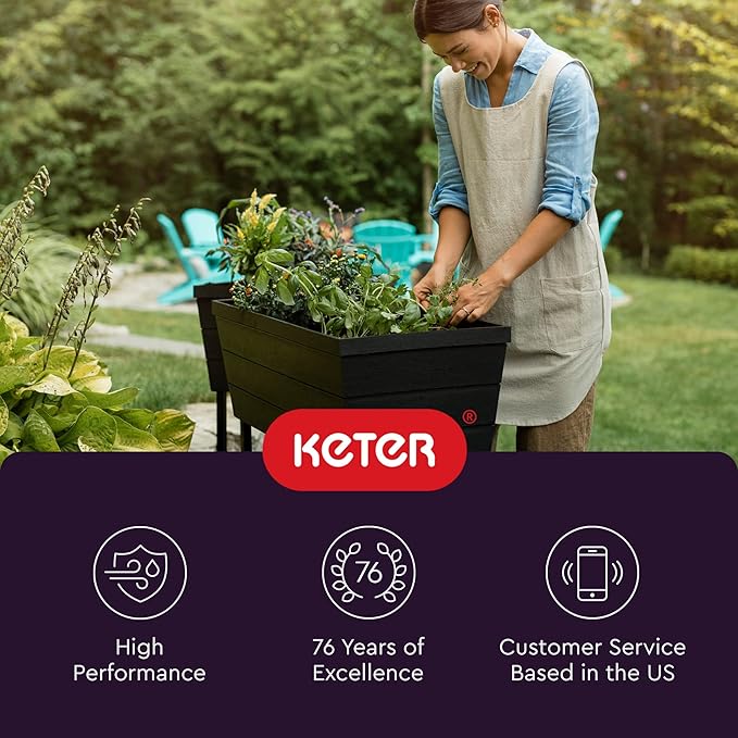 Keter Urban Bloomer 12.7‑Gallon Raised Garden Bed – Elevated Outdoor Planter Box with Self‑Watering Reservoir, Water Gauge & Drainage System, Perfect for Herbs & Vegetables, Dark Grey Keter