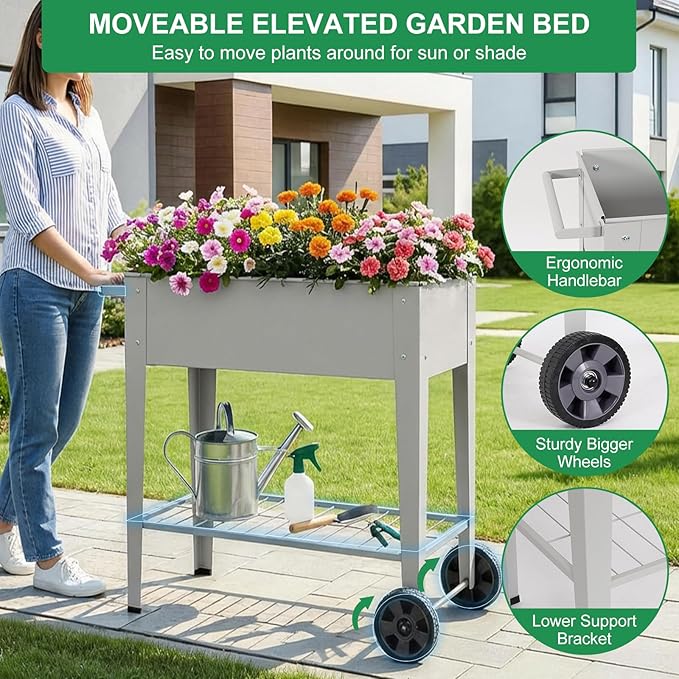 Elevated 32" Tall Raised Garden Bed with Legs and Wheels for Mobility, Metal Planter Boxes Outdoor with Shelf, Raised Bed for Gardening Vegetables/Herbs, Backyard, Patio, Balcony, Grey BIRDSINYARD
