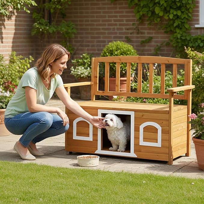 VINGLI Outdoor Storage Bench with Built-in Dog House, 2-in-1 Outdoor Waterproof Patio Bench with Pet Kennel for Patio Backyard Porch (Natural) VINGLI
