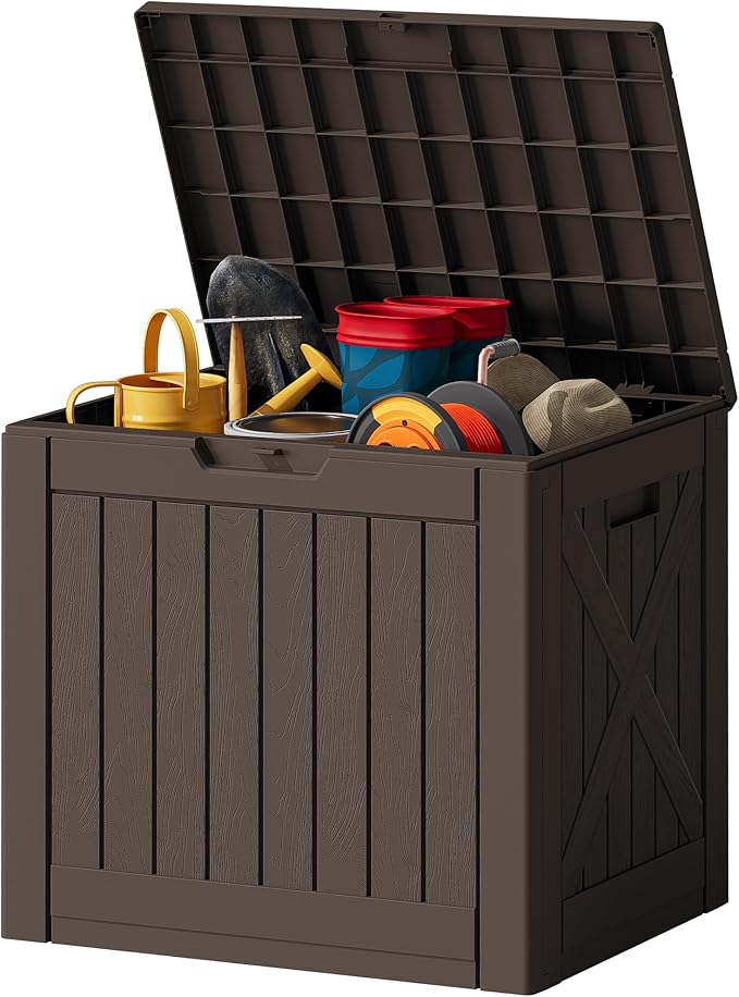 JUMMICO 42 Gallon Deck Box Waterproof, Resin Outdoor Storage Box with Side Handles, Outdoor Storage Benches Lockable for Patio Cushions and Garden Tools (Brown) JUMMICO
