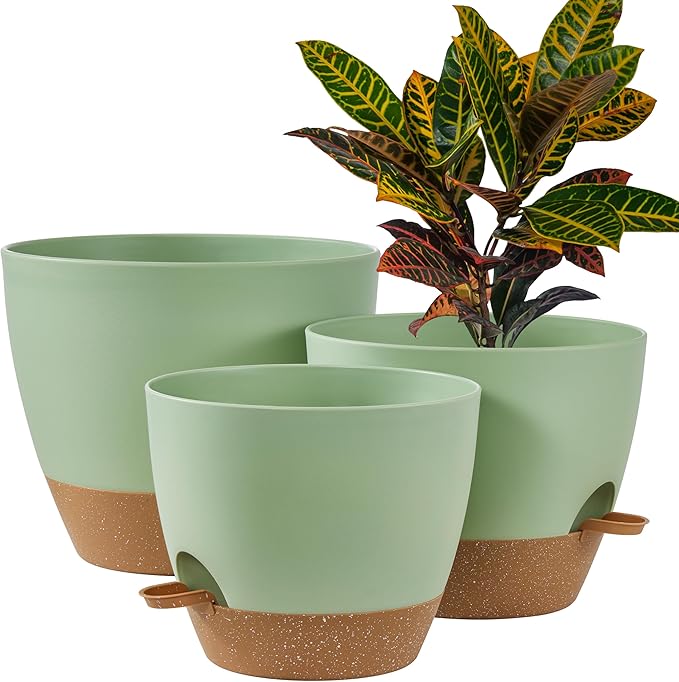 FaithLand 3-Pack Large Planter Pots, 12 10 9 Inch Self Watering Flower Pots for Indoor Outdoor Garden Plants, Green with Brown FaithLand