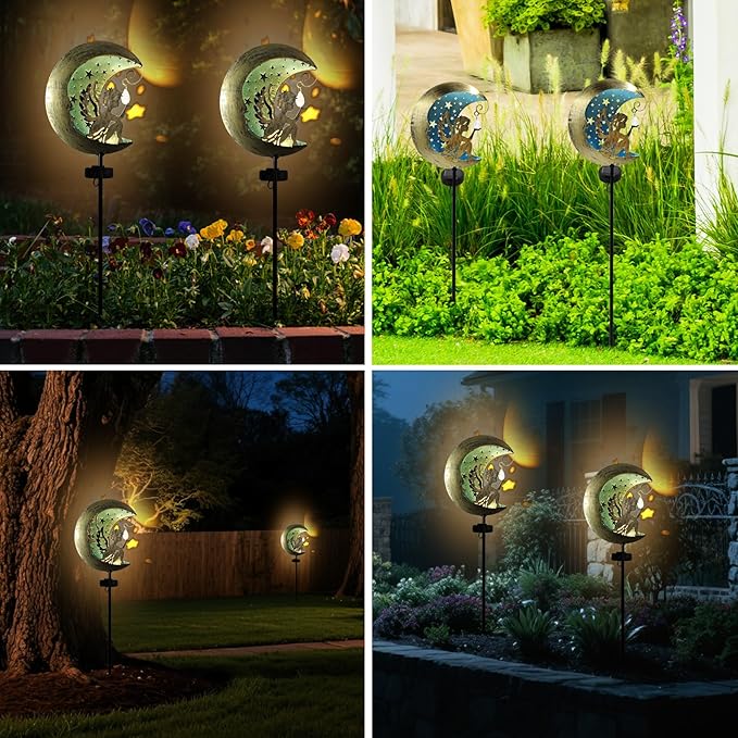 Solar Angel Moon Garden Stake Light – Outdoor Metal Yard Decoration with Crystal Pendant, Waterproof LED Light for Patio, Pathway, Lawn – Rustic Gold & Blue CBAXEAXM