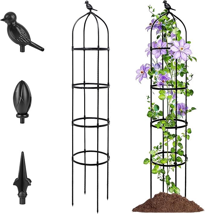 6FT Garden Obelisk Trellis for Climbing Plants,Adjustable 4-Tier Metal Plant Support,Rustproof Outdoor Plant Tower with 3 Decorative Tops for Roses,Tomatoes,Clematis & Vines,Black TCBWFY