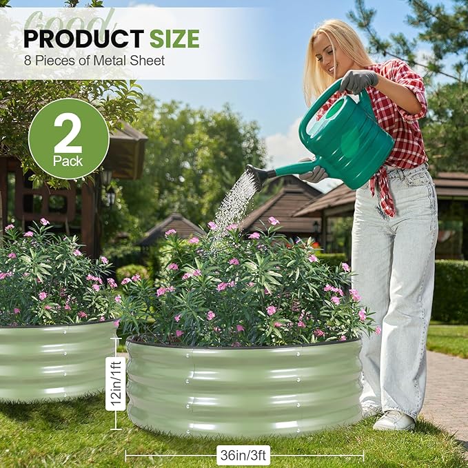 G GOOD GAIN Round Raised Garden Bed - 2Pcs 3x3x1ft Galvanized Steel Planter Boxes Outdoor with Rubber Edge Trim | Metal Raised Beds for Gardening Vegetables Flowers Fruits Herbs (Olive Green) GGOODGAIN