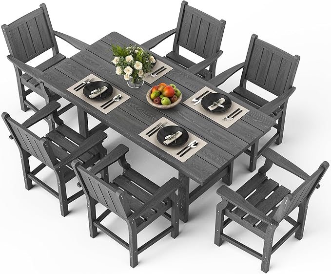 Pamapic 7 PCS Outdoor Dining Set, Spacious HDPE Outdoor Table and Chairs, Wood Grain Patio Furniture Sets with Elegant Armrest, All-Weather Outdoor Furniture with Umbrella Hole, Gray Pamapic