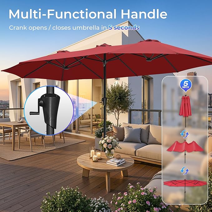 SUPERJARE 15FT Outdoor Umbrella for Patio, Double sided Pool Umbrellas with Fade Resistant Canopy, Large Table Umbrella for Deck, Market, Backyard - Burgundy SUPERJARE