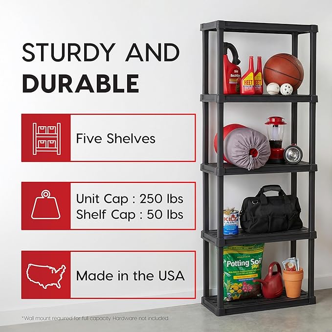 IRIS USA 5-Shelf Light Duty Plastic Storage Shelves, 250lb Capacity, 64" H x 24" W x 12" D, Medium Modular Shelving Unit Storage Organizer for Bathroom, Laundry, Garage & Home, Storage Rack - Black IRISUSA