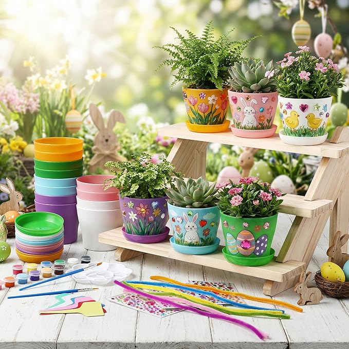 24 Set Garden Plastic Paintable Flower Pot Craft Kit 4" Starter Pots DIY Painting Party Supplies with Acrylic Paint Strips Gardening Kit for Planting Crafts Birthday Easter Spring Gift Rootora