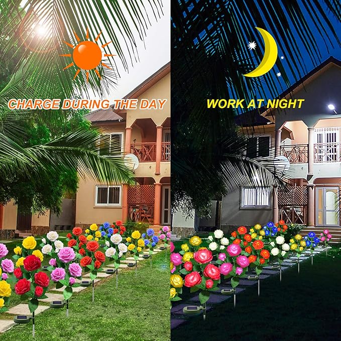Solar Flower Lights Outdoor - Upgraded Realistic LED Solar Powered Waterproof Lights with 5 Roses, Solar Decorative Stake Light for Garden (Blue, 2 Pack) LightYourLife