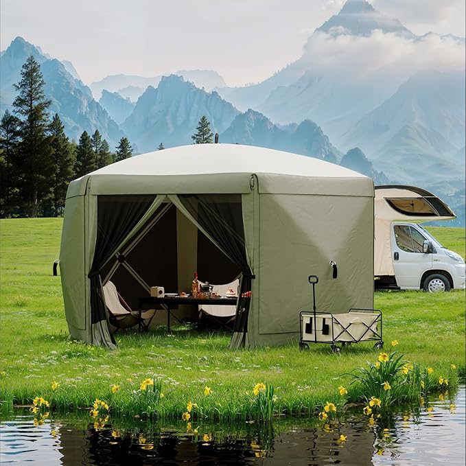 11.5x11.5FT 6-Sided Pop Up Gazebo Tent，One-Push Setup Canopy Tent with Mesh Panels & Removable Wind Cloths, Outdoor shelter for Camping, Backyard Parties, Outdoor Events - Army Green GarveeLife