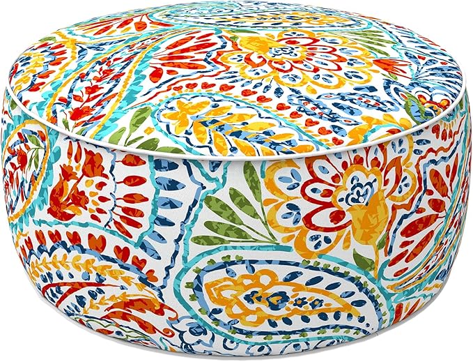 LVTXIII Indoor/Outdoor Inflatable Ottoman with Handle D21 x H9 Inch, Weather-Resistant Round Footstool Pouf for Patio Camping Living Room, Portable Footrest Extra Seating, Paisley Ummi Multi LVTXIII