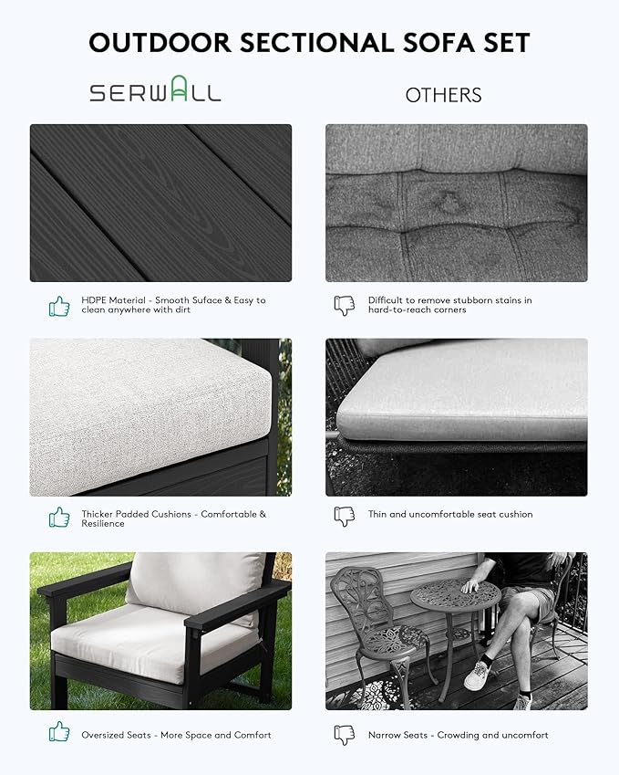 SERWALL HDPE Patio Conversation Set, 6-piece Sectional Outdoor Furniture Set, All Weather Outdoor Couch Set Patio Furniture Set for Deck, Lawn, Black Frame with Khaki Cushion SERWALL