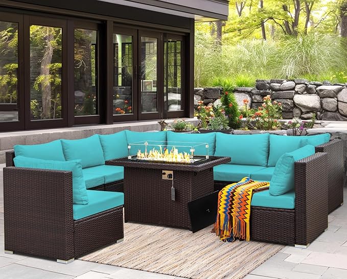NICESOUL 9 Piece Patio Sectional Set with Firepit Natural Gas/Propane, 29.3'' High Back Tall Big Outdoor Conversation Couch Sets, Wide Sitting Furniture for Outside, Brown Rattan and Teal Cushion NICESOUL