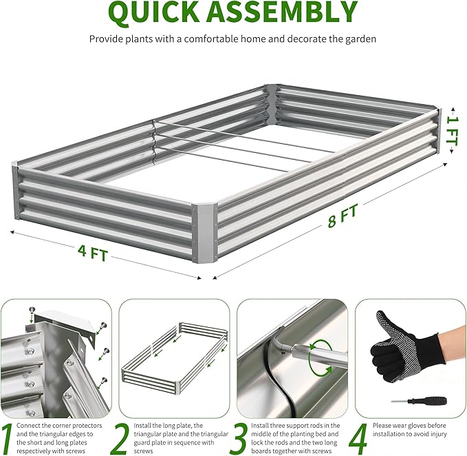 Galvanized Raised Garden Bed,Outdoor Planter Box Metal Patio Kit Planting Bed for Vegetables Flowers Herb (Galvanized, 8x4x1ft-2p) Anmiro