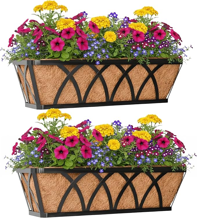 Window Deck Railing Planters Boxes with Coconut Liner, The Bottom Flat Window Boxes Planter Flower Boxes Metal Black Balcony Planters Railing Hanging for Outdoor Fence Porch Patio Lawn(2Pcs 30 Inch) EIMQUVW