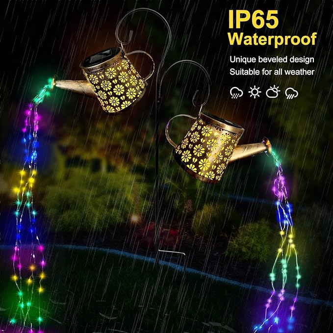 Solar Watering Can Lights Outdoor, IP65 Waterproof Garden Decor Solar Garden Light 8 Multi-Color Changing Modes One Pole Two Lights Outdoor Decorations for Yard, Lawn, Patio WITOROR
