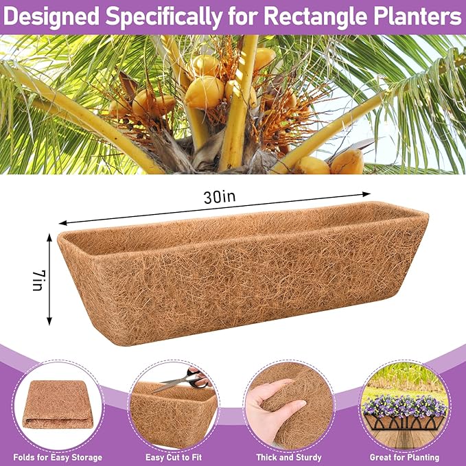 Riare 4 Pack 30 Inch Rectangle Coconut Liners for Planters, Natural Coconut Fiber Planter Liners, Window Box Liner Trough Coco Liner for Outdoor Flower, Garden Wall, Deck & Fence Planter Boxes Riare