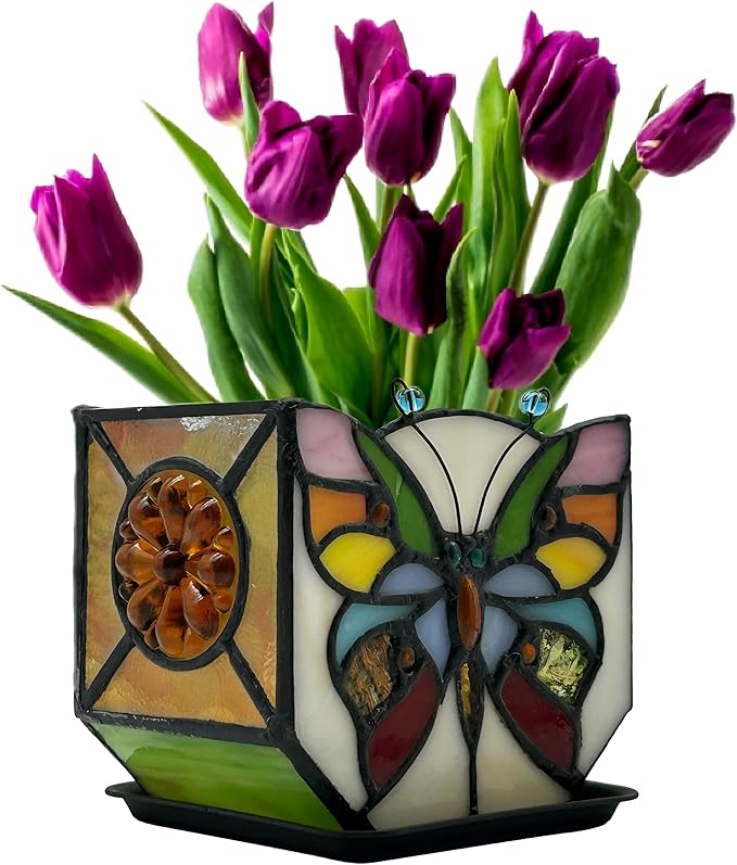 Handcrafted Stained Glass Butterfly Planter, Cute Planters for Indoor Plants,Decorative Indoor Flower Pot, Cactus Pot, with Drainage,Home Garden Decor Entlityful