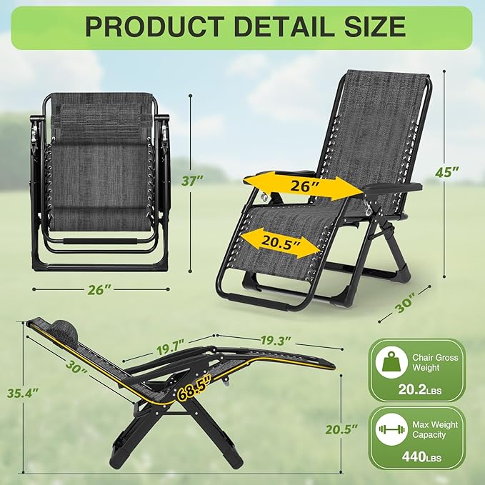 Suteck Zero Gravity Chair, Reclining Camping Lounge Chair w/Removable Cushion, Upgraded Lock and Cup Holder, Reclining Patio Chairs Folding Recliner for Indoor and Outdoor Suteck