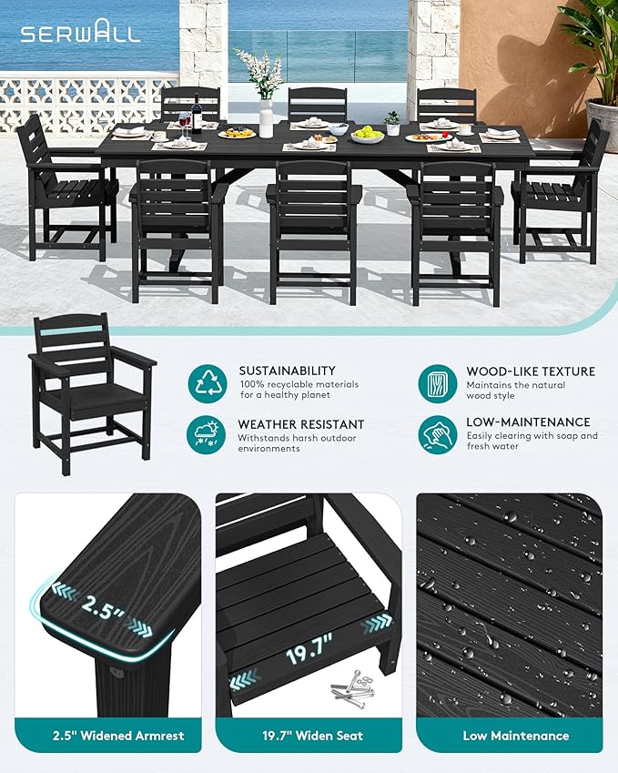 SERWALL Outdoor Dining Chairs Set of 4, All-Weather HDPE Patio Chair with 19.7" Widened Seat, for Backyard, Garden, Black SERWALL