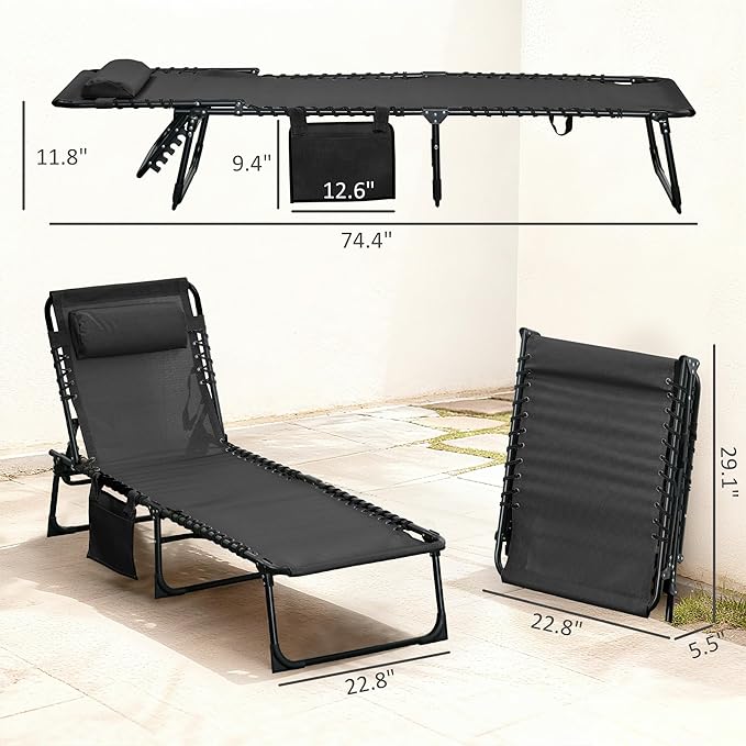 Outsunny Chaise Lounge Chair Outdoor, 5-Position Adjustable Sun Tanning Chair with Carrying Handle and Side Pocket, Folding Bed Cot with Removable Pillow for Garden, Beach, Patio, Pool, Camp, Black Outsunny