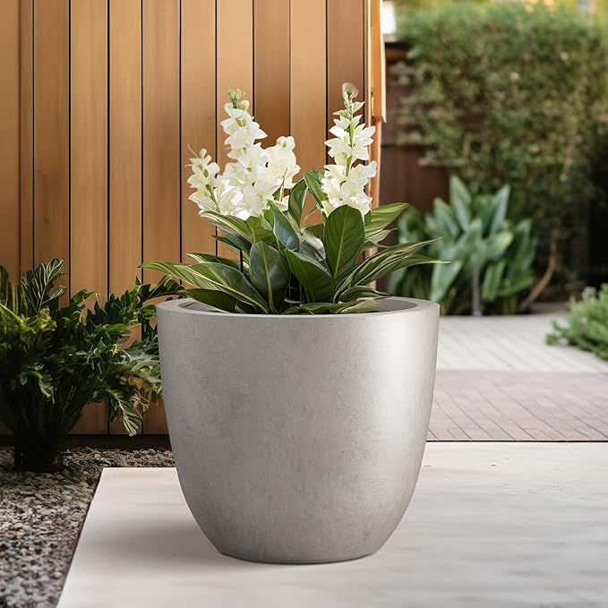 Kante 10 Inch Dia Round Concrete Planter, Indoor Outdoor Large Plant Pot with Drainage Hole and Rubber Plug for Home Patio Garden, Weathered Concrete Kante