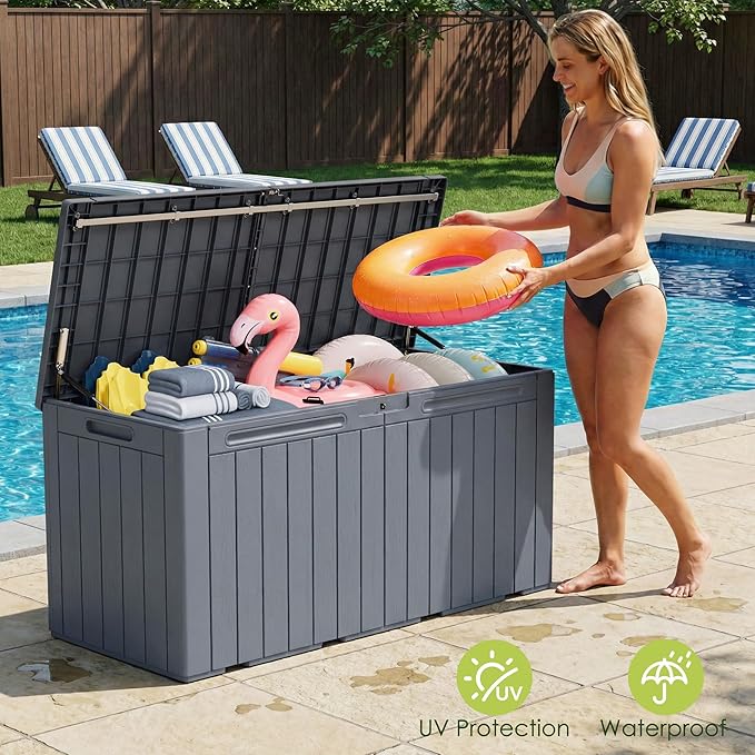 Devoko 100 Gallon Outdoor Storage Box, Waterproof Resin Deck Box for Patio Furniture, Lockable Container for Garden Cushions & Pool Supplies (Gray, 100 Gallon) DEVOKO