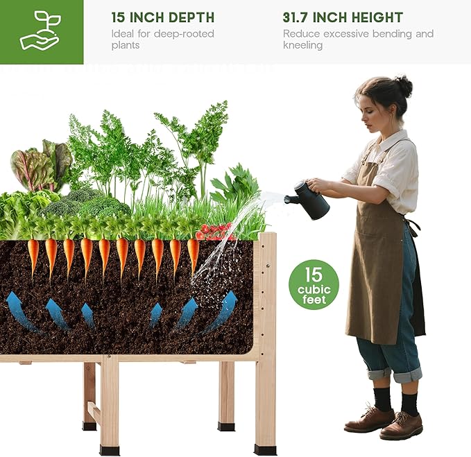 AMERLIFE 7x2 Ft Raised Garden Bed, 16 Inch Depth Featuring Legs, Drainage Holes, Ideal for Deep Rooted Vegetables, Flowers, Herbs, Elevated Wood Planter Box for Balcony, Patio, Backyard, Easy Assembly AMERLIFE