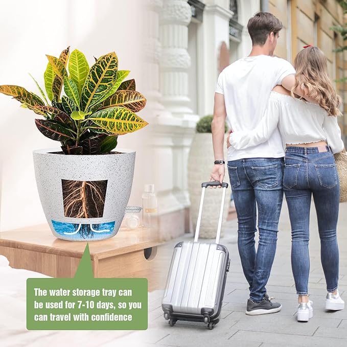 10/9/8 inch Self Watering Pots, Set of 3 Plastic Planters with Mesh Drainage Holes and Deep Reservoir for Indoor Outdoor Garden Plants and Flowers, White Speckles UOUZ